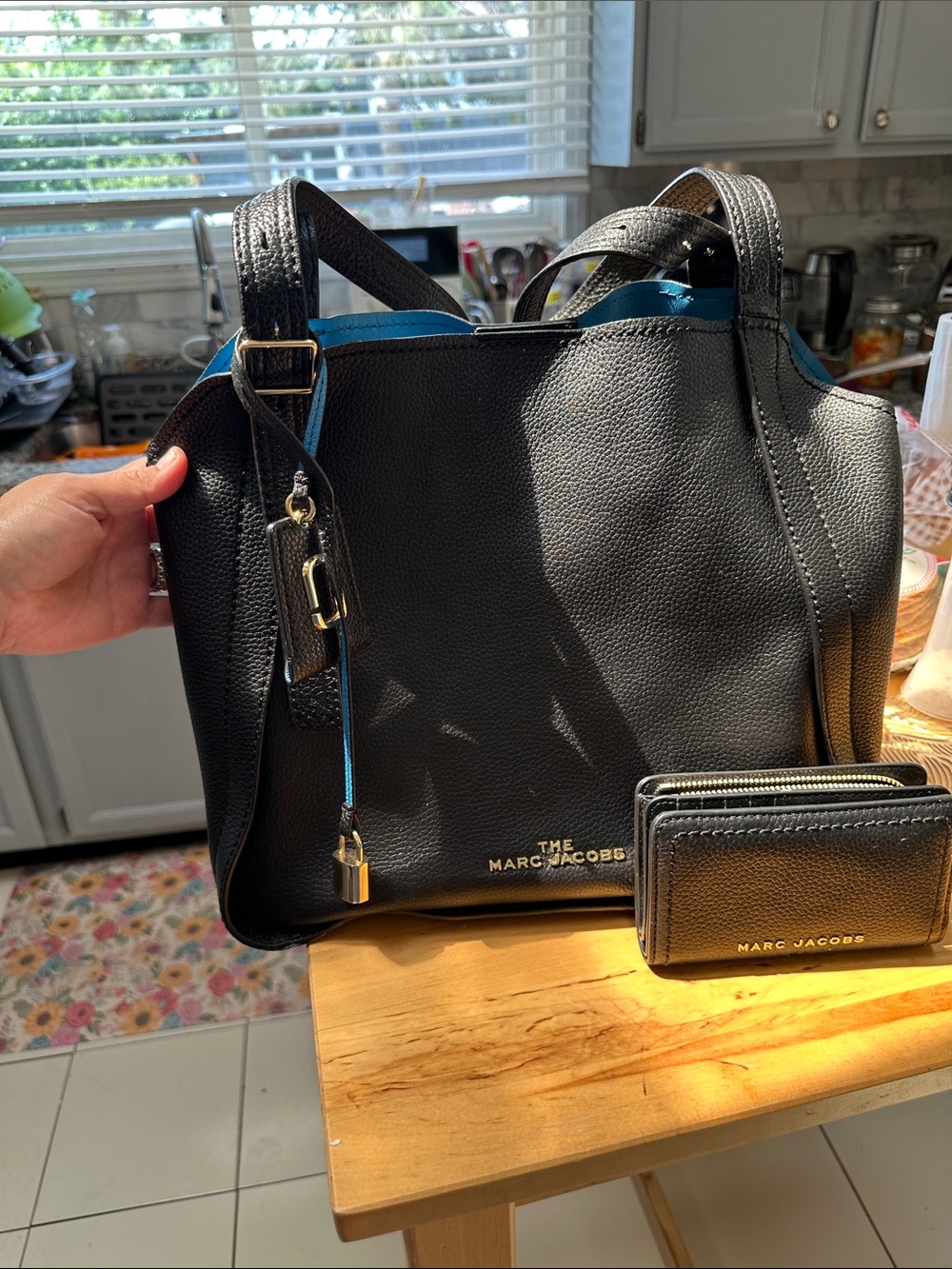 Marc Jacobs Black Tote with Blue Trim and Gold Hardware set with matching wallet